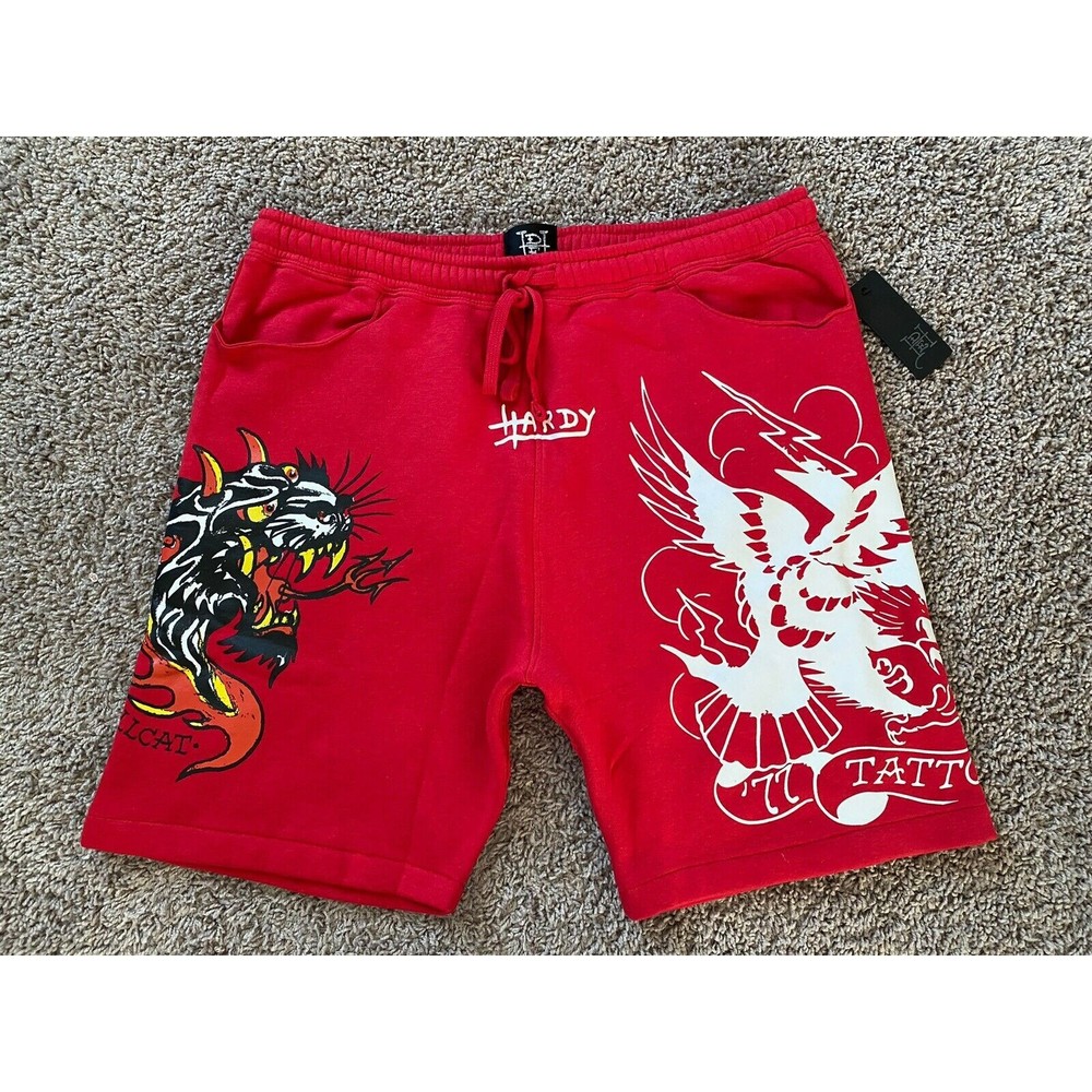Ed Hardy Hellcat Tattoo Fleece Red Fleece Shorts Men Size Large Orig. $69 NWT